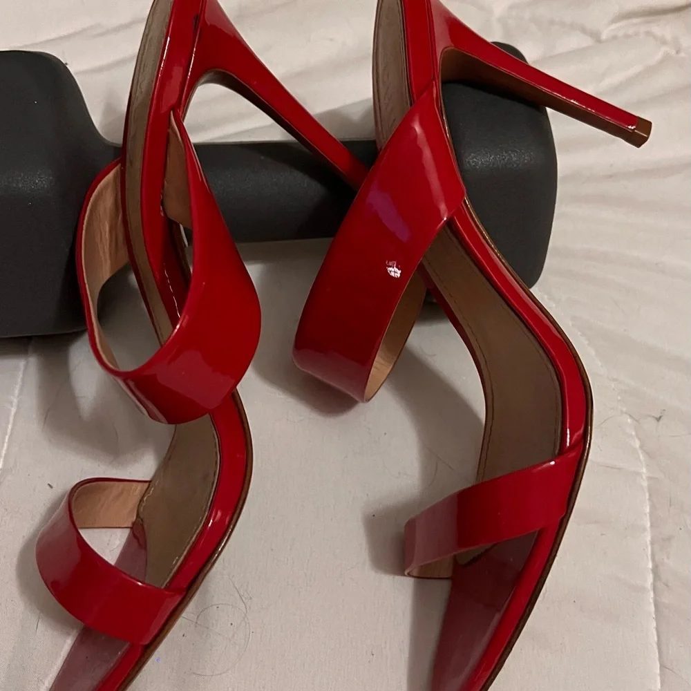 SCHUTZ Red Patent Leather Double Strap Stiletto Sandals